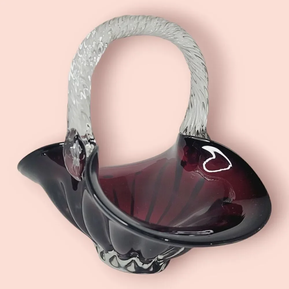 Ruby Red Hand Blown Art Glass Basket Applied‎ Handle Clear Ground Base